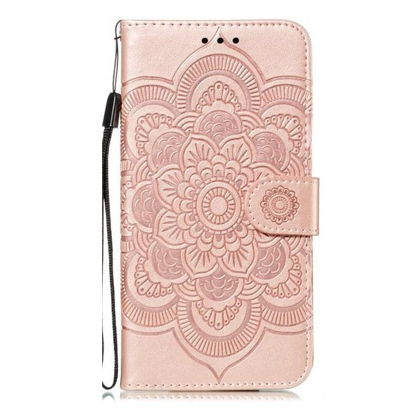 iPhone 11 Leather Wallet Case Sun Mandala Flower Pattern Imprint Rose Gold