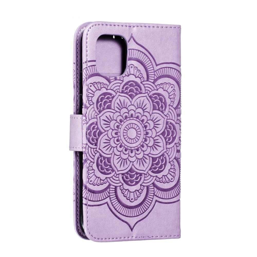 iPhone 11 Leather Wallet Case Sun Mandala Flower Pattern Imprint Purple