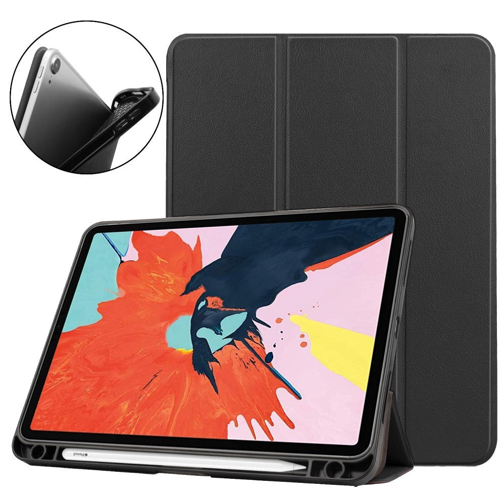 iPad Air 10.9-11" (2024-2020) Litchi Tri-Fold Leather Case w. Apple Pencil Holder - Black