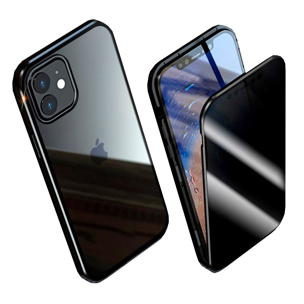 iPhone 12 / 12 Pro Magnetic Case w. Privacy, Glass Back and Front - Black