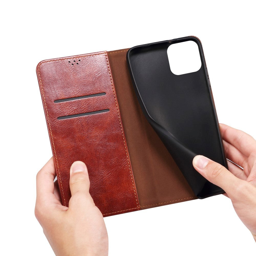 iPhone 13 Top Button Leather Wallet Case - Brown