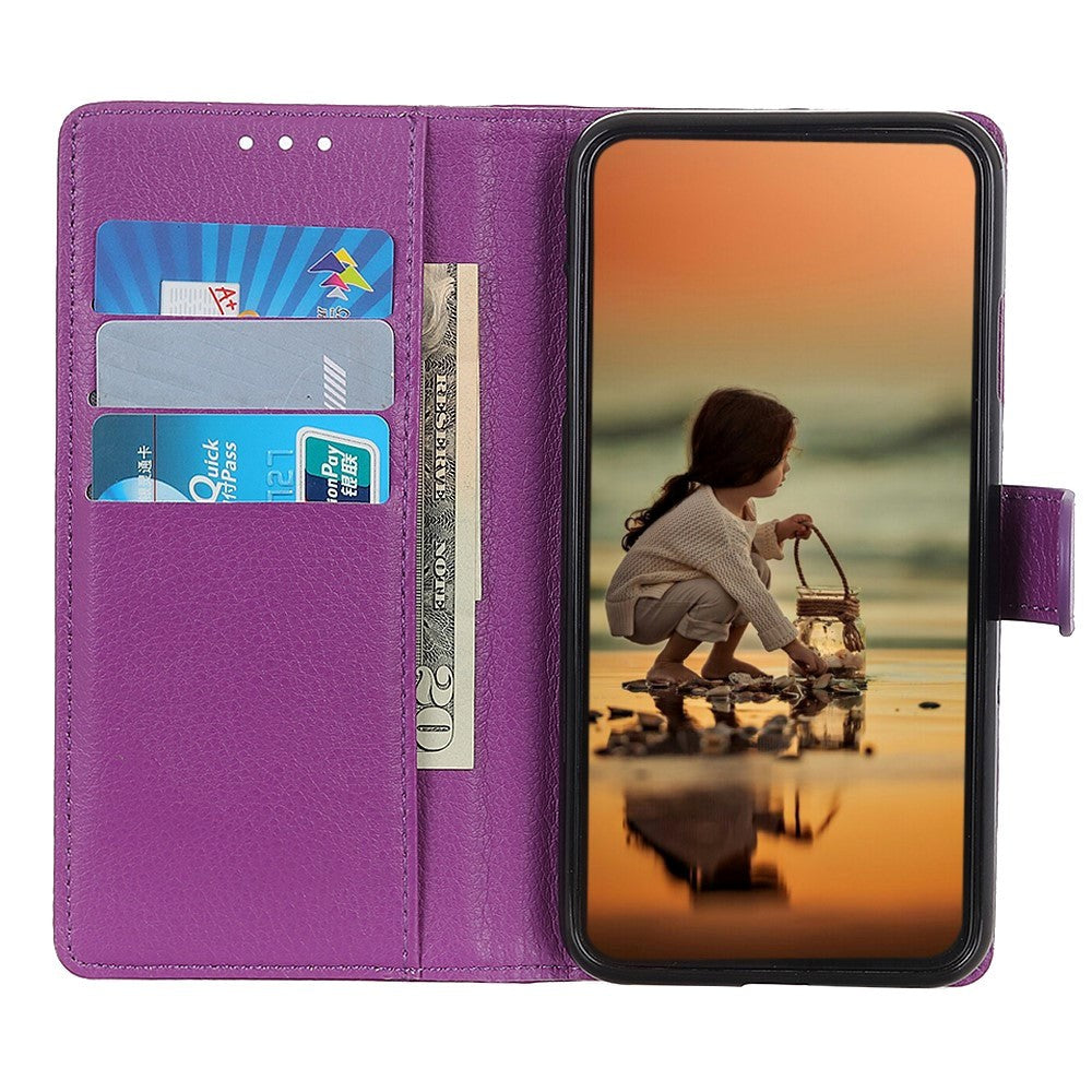 iPhone 13 Mini Litchi Leather Case with Wallet & Stand Function - Purple