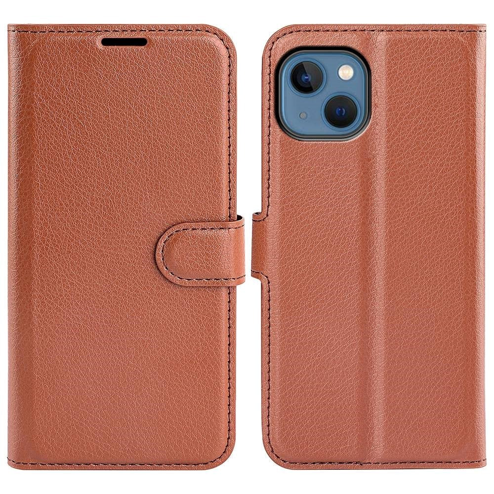 iPhone 14 PU Litchi Leather Flip Case with Wallet & Stand Function - Brown