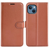 iPhone 14 PU Litchi Leather Flip Case with Wallet & Stand Function - Brown