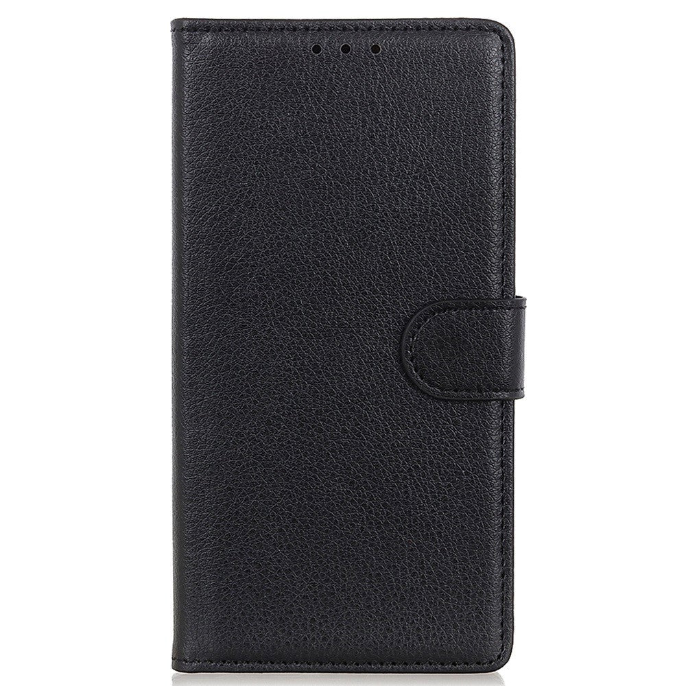 iPhone 14 Plus Litchi Leather Wallet Case - Black