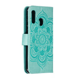 Samsung Galaxy A20e Leather Wallet Case Mandala Pattern Cyan blue