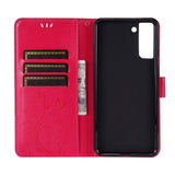 Samsung Galaxy S21+ (Plus) Leather Wallet Case - Flowers Imprint - Red