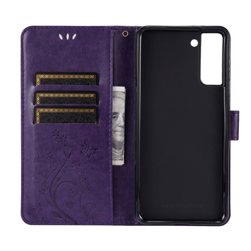 Samsung Galaxy S21+ (Plus) Leather Wallet Case - Flowers Imprint - Purple