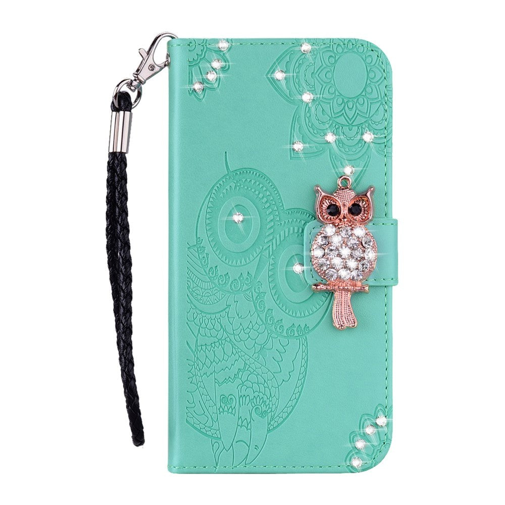 Samsung Galaxy S21+ (Plus) Owl & Rhinestone Leather Wallet Case - Cyan