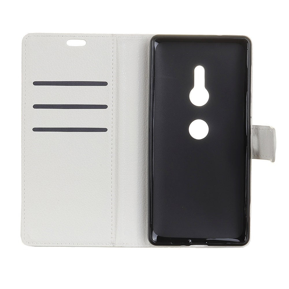 Sony Xperia XZ3 Litchi PU Leather Flip Case w. Stand and Card Holder - White