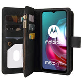 Motorola Moto G10 / G20 / G30 Leather Flip Case w. Strap, Wallet & 15 Card Holders - Black