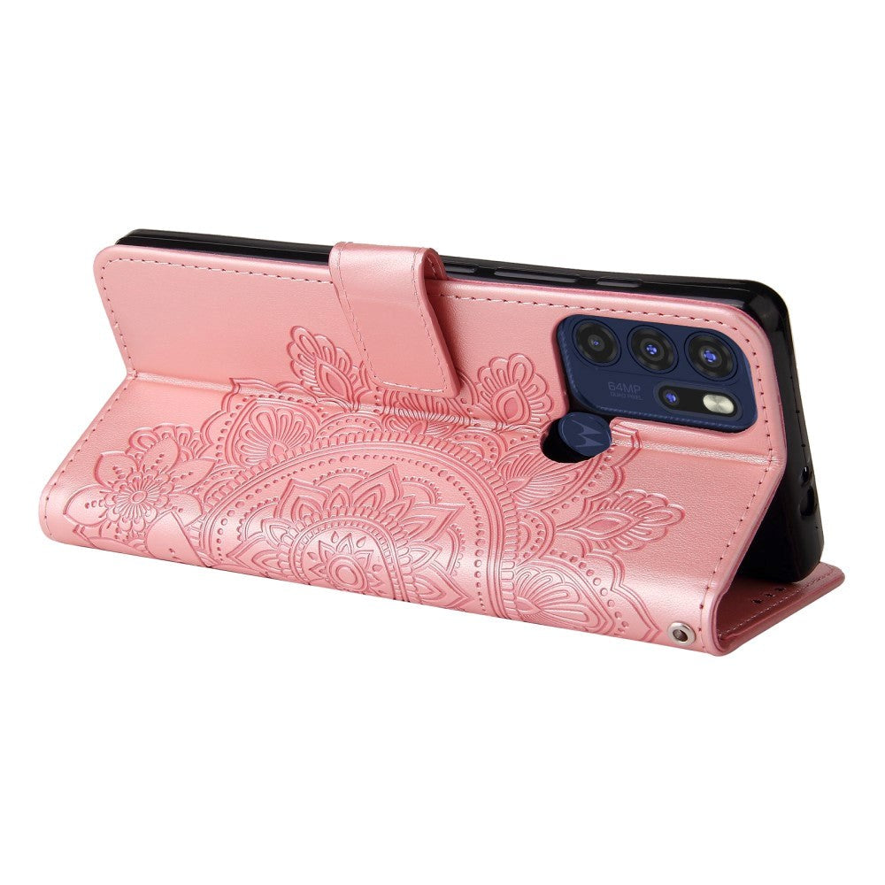 Motorola Moto G60s Leather Wallet Case Flowers - Rose Gold