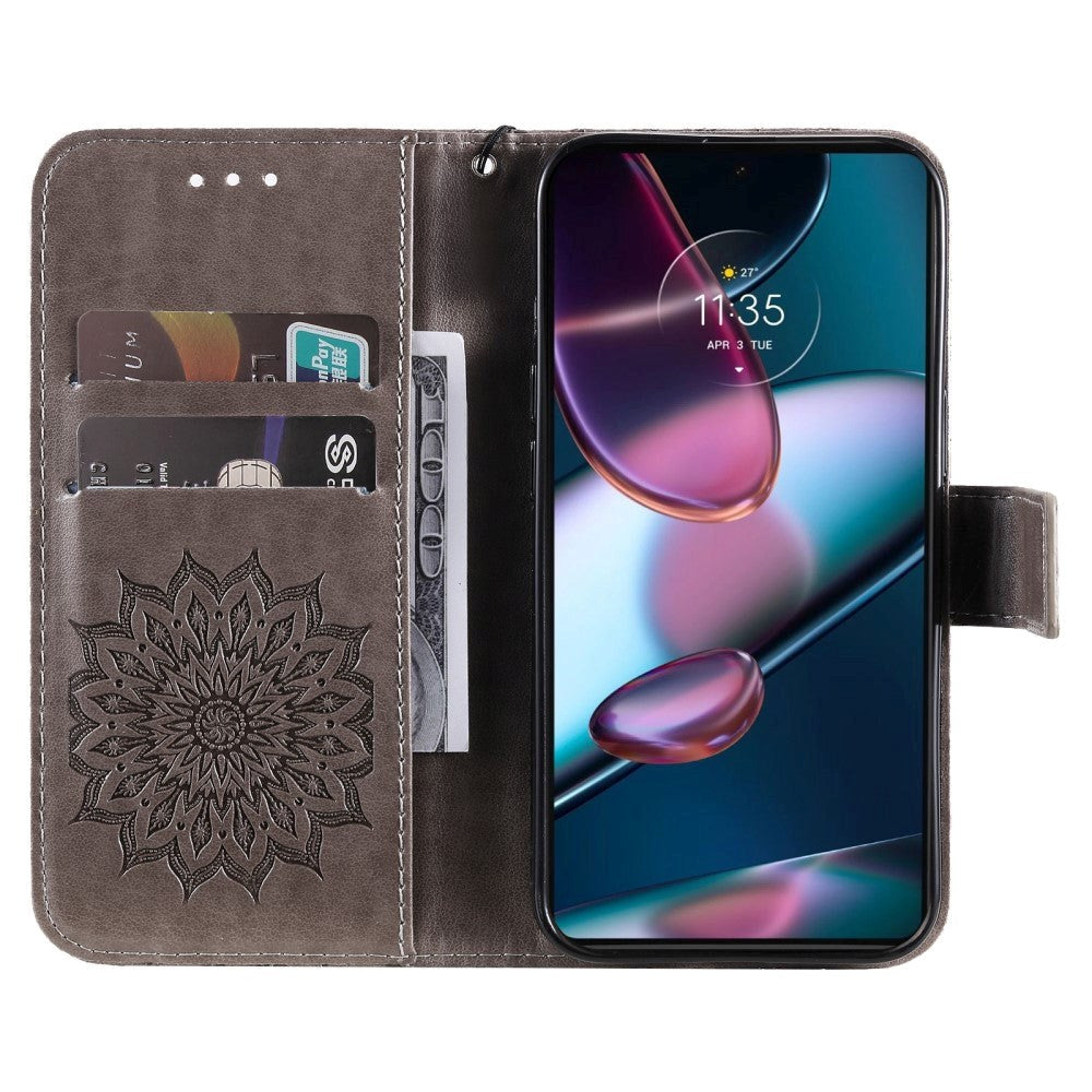 Motorola Edge 30 Pro Leather Case with Wallet and Strap - Mandala Print - Grey