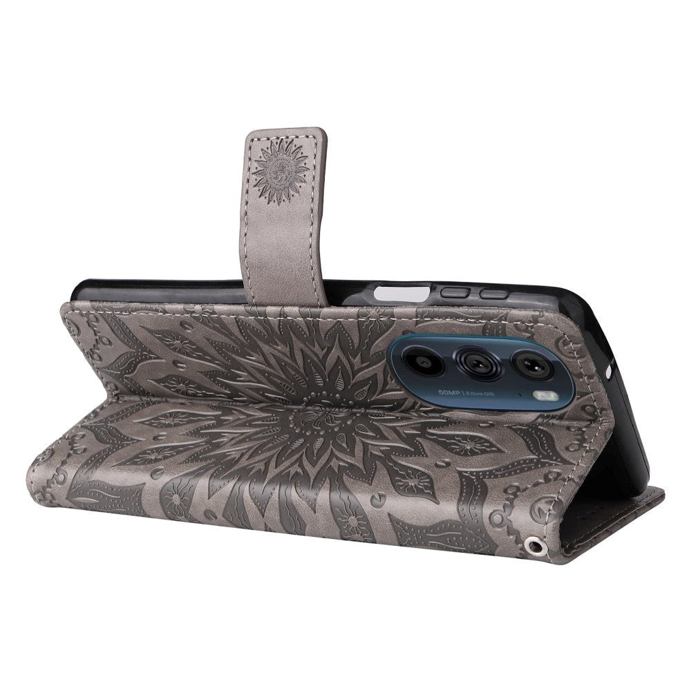 Motorola Edge 30 Pro Leather Case with Wallet and Strap - Mandala Print - Grey