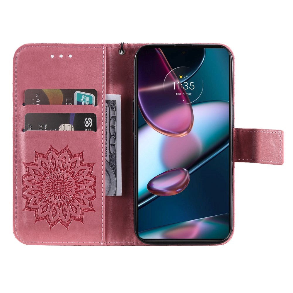 Motorola Edge 30 Pro Leather Case with Wallet and Strap - Mandala Print - Pink