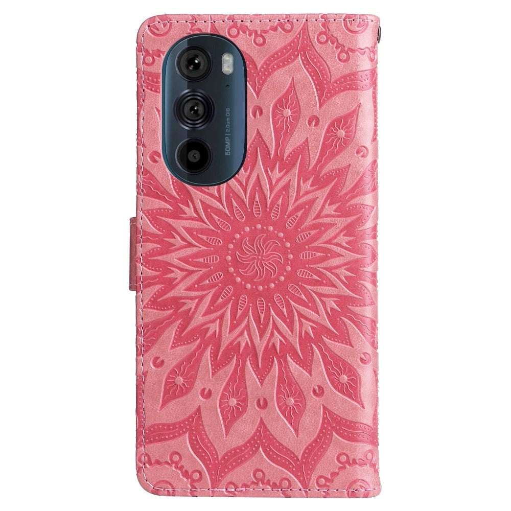 Motorola Edge 30 Pro Leather Case with Wallet and Strap - Mandala Print - Pink