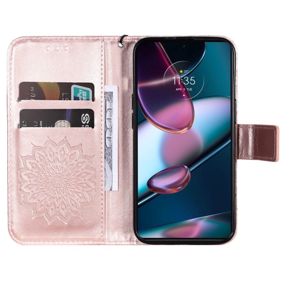 Motorola Edge 30 Pro Leather Case with Wallet and Strap - Mandala Print - Rose Gold