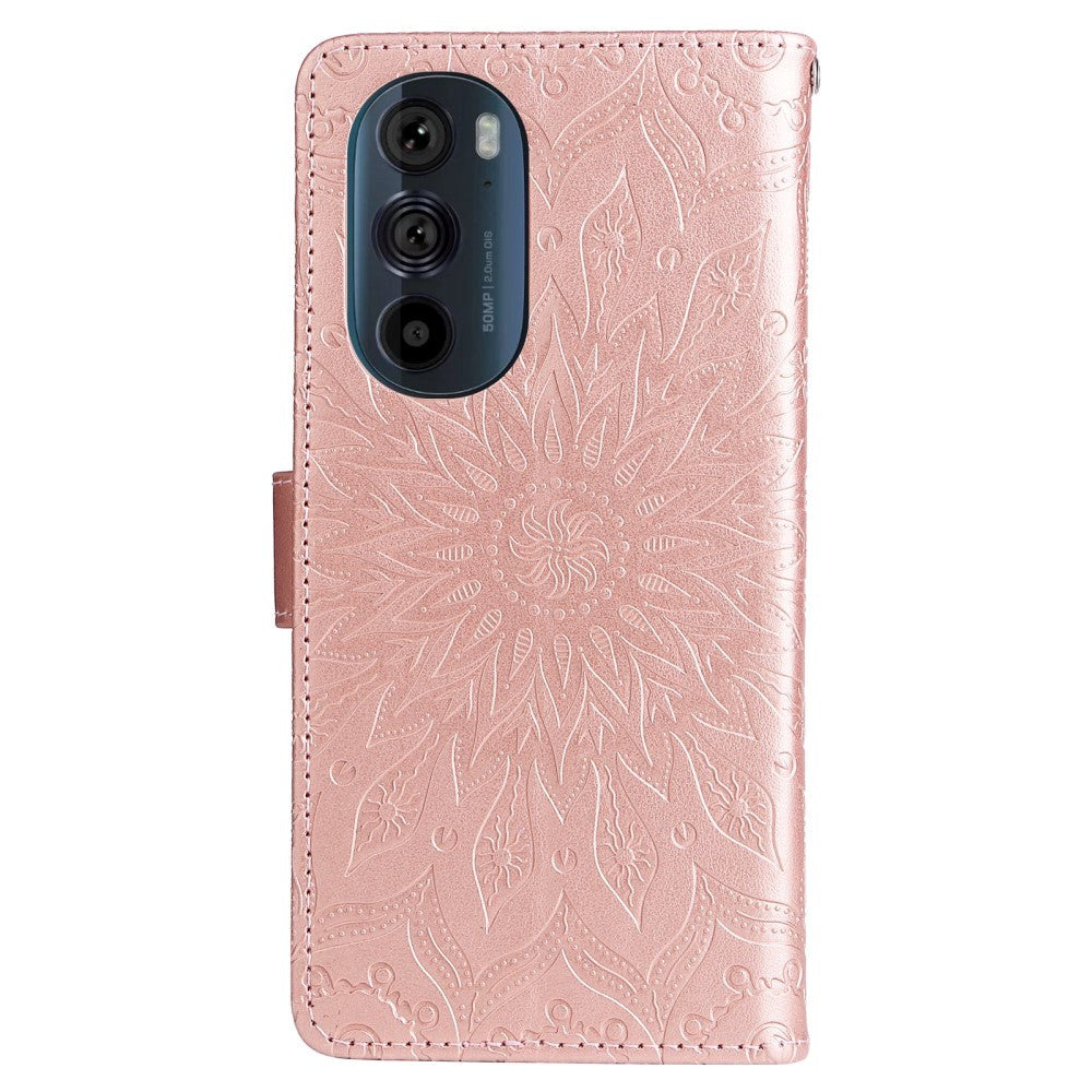 Motorola Edge 30 Pro Leather Case with Wallet and Strap - Mandala Print - Rose Gold