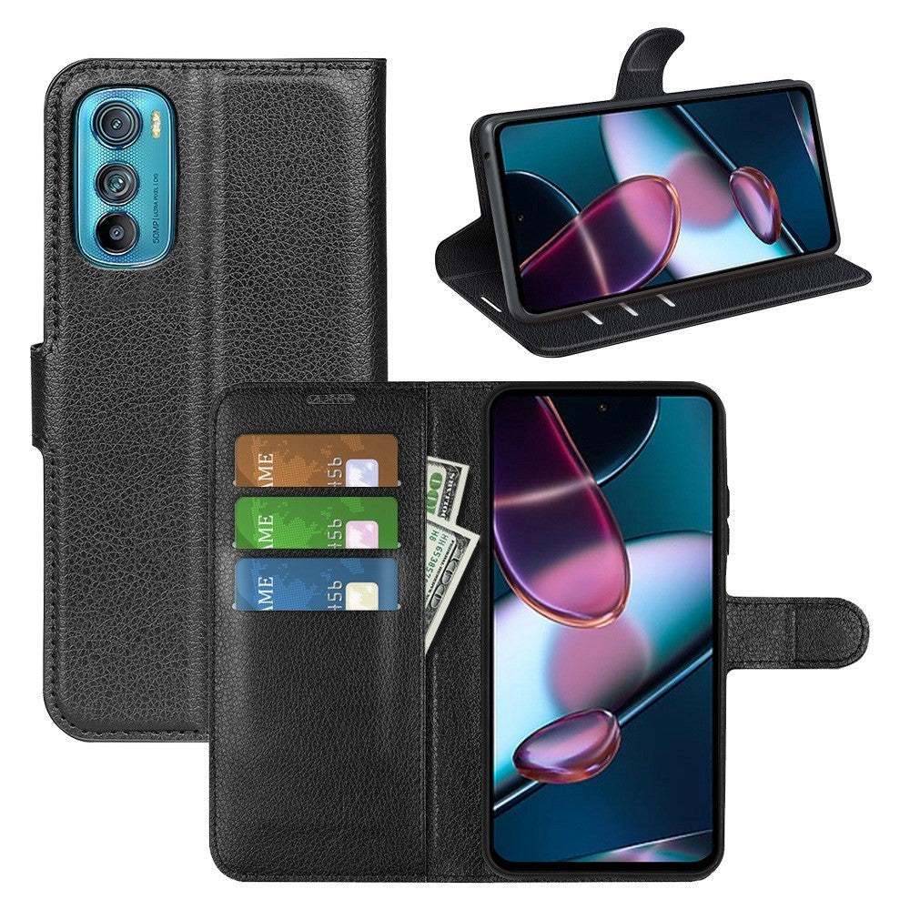 Motorola Edge 30 PU Litchi Leather Flip Case with Wallet & Stand Function - Black