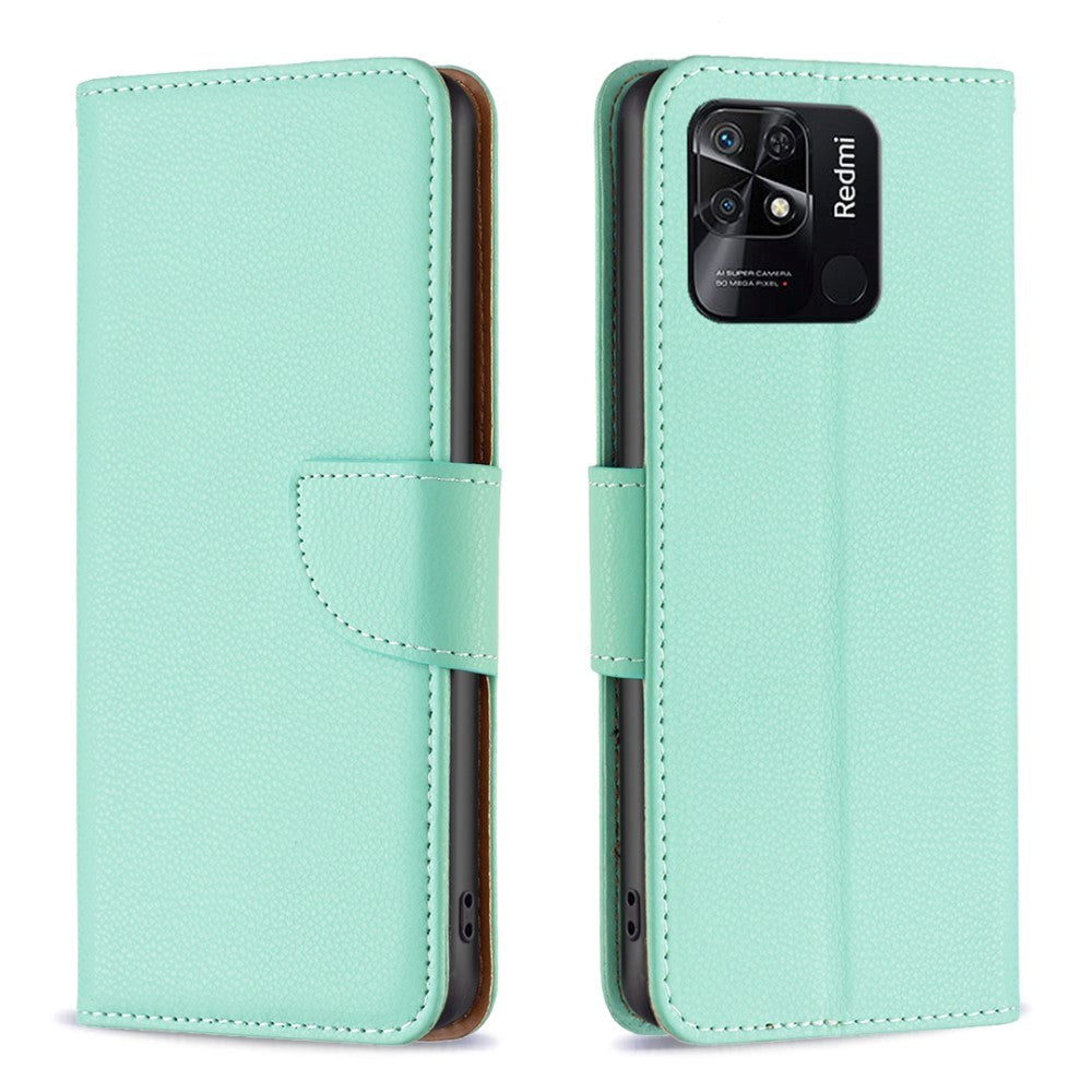 Xiaomi Redmi 10C Litchi Leather Flip Case with Wallet & Stand Function - Green