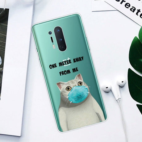 OnePlus 8 Pro Flexible Plastic Case w. Print - Transparent / Cat with Mask