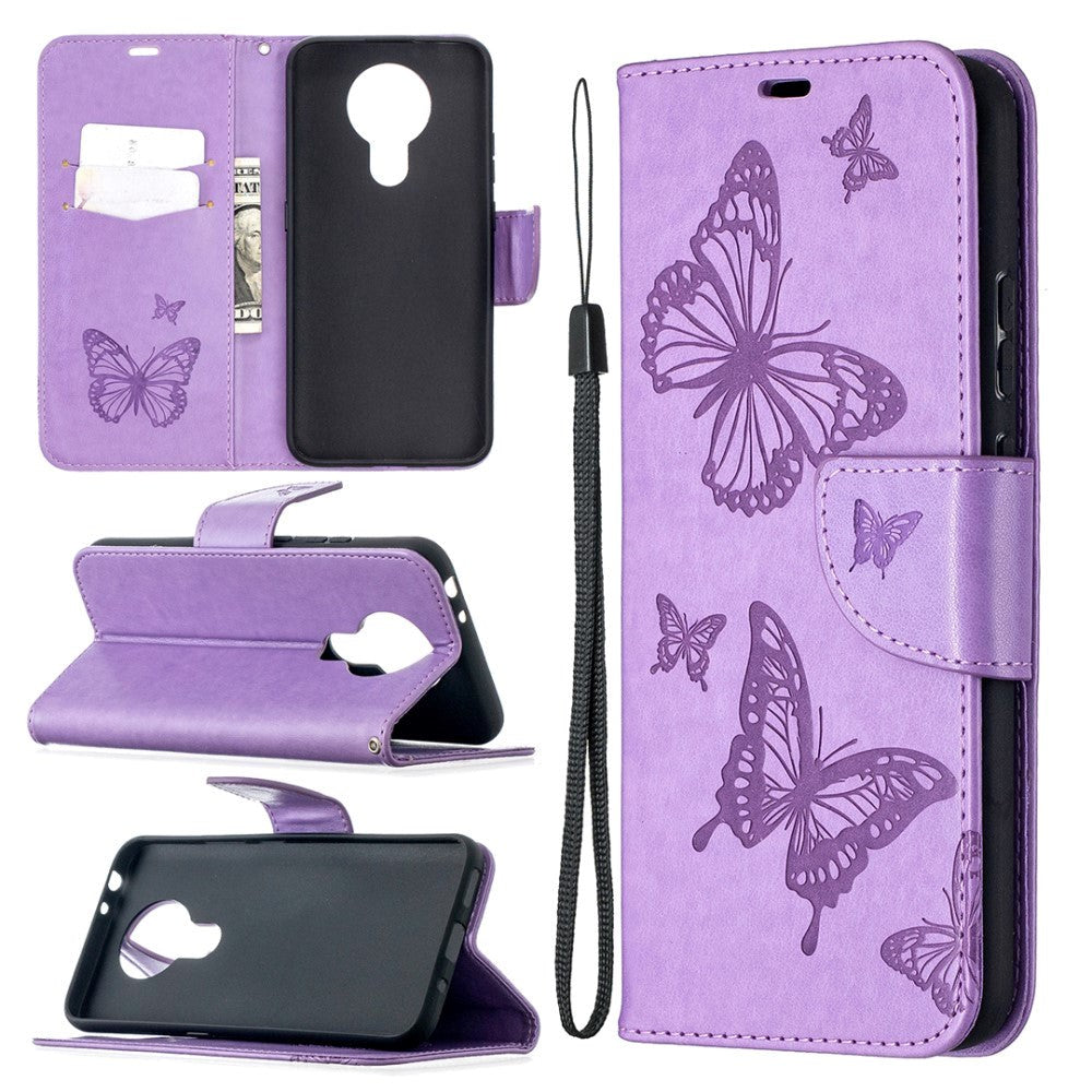 Nokia 3.4 Leather Wallet Case - Butterfly Motif - Purple