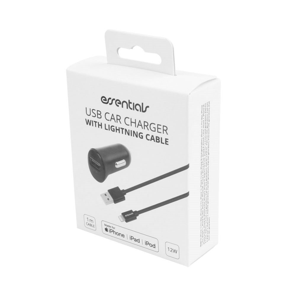 Essentials 12W Car Charger with USB-A to Lightning Cable - 1m - Black