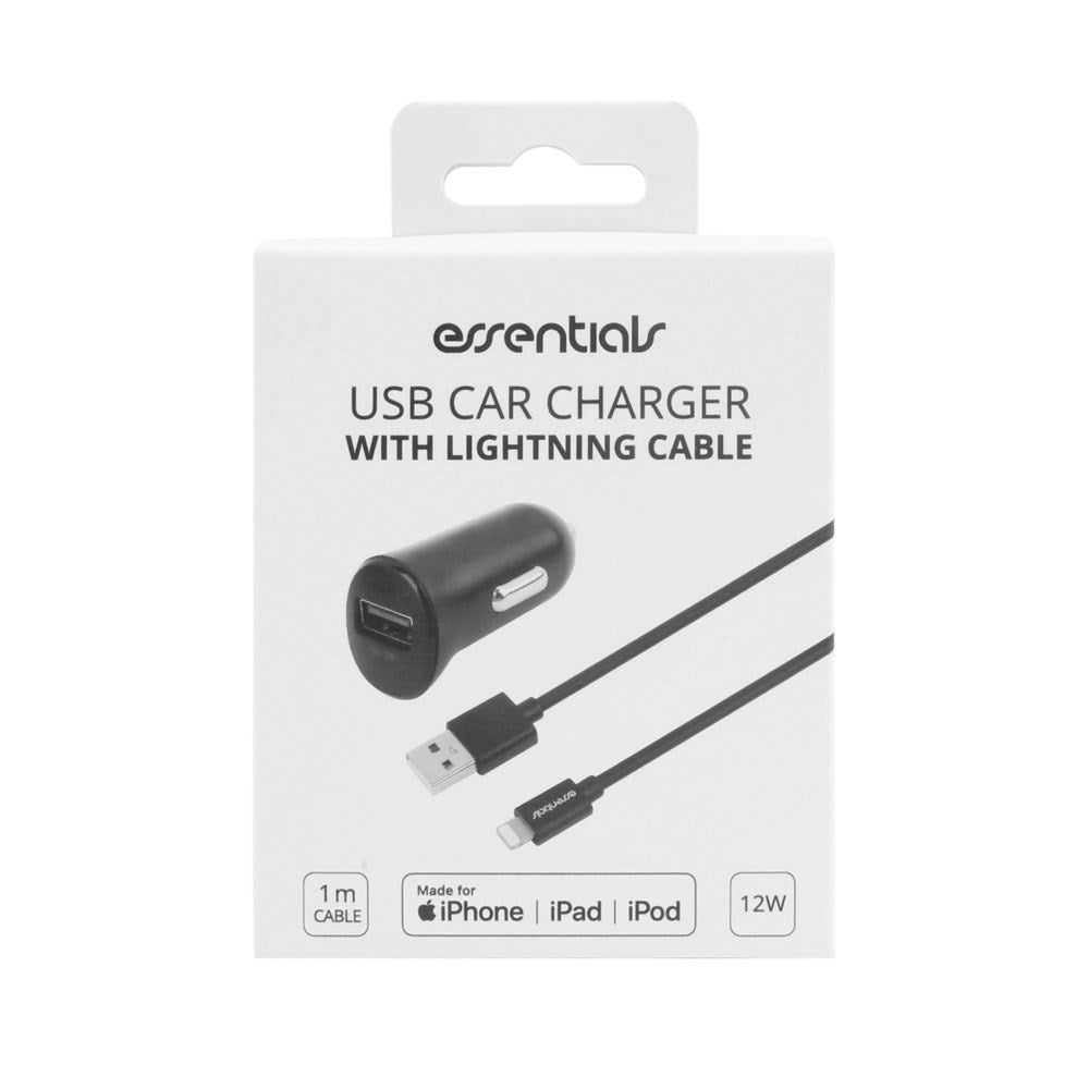 Essentials 12W Car Charger with USB-A to Lightning Cable - 1m - Black
