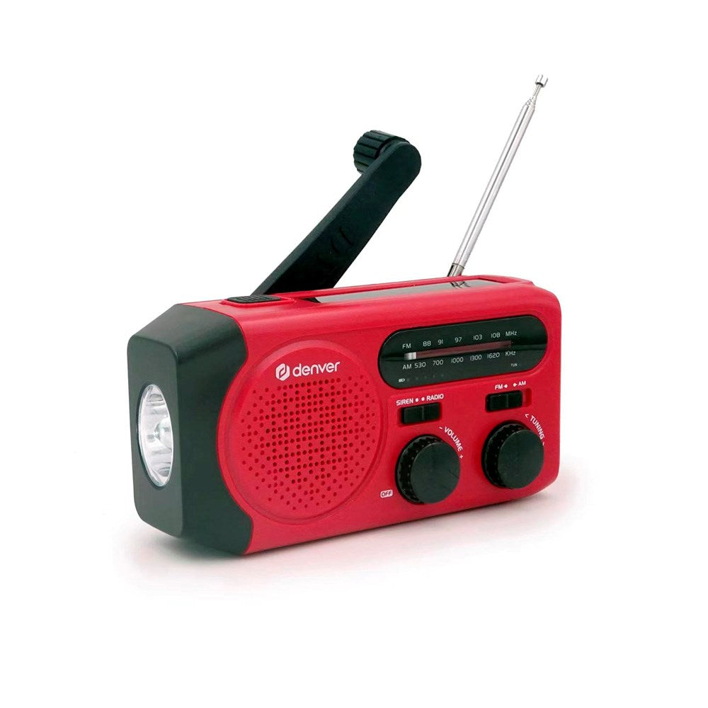 Denver Emergency Radio with Solar Charging - AM / FM Radio - Flashlight - Red