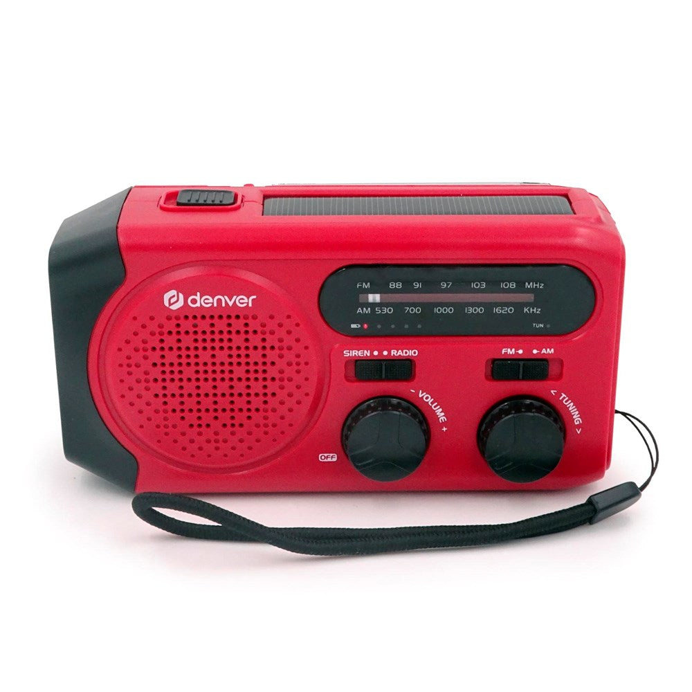 Denver Emergency Radio with Solar Charging - AM / FM Radio - Flashlight - Red