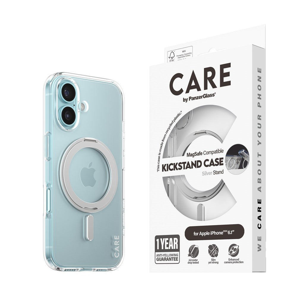 CARE by PanzerGlass iPhone 16 Feature Kickstand Case - MagSafe Compatible - Transparent / Silver
