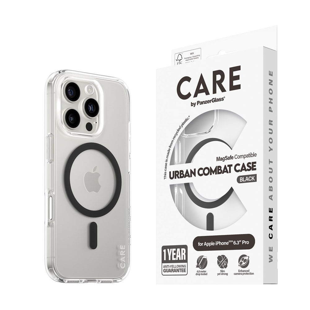 CARE by PanzerGlass iPhone 16 Pro FLAGSHIP Urban Combat Case - MagSafe Compatible - Transparent / Black