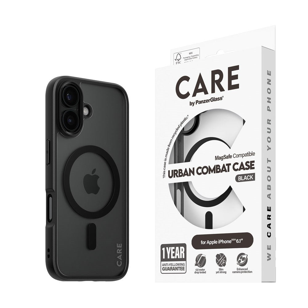 CARE by PanzerGlass iPhone 16 FLAGSHIP Urban Combat Case - MagSafe Compatible - Transparent / Black Frame