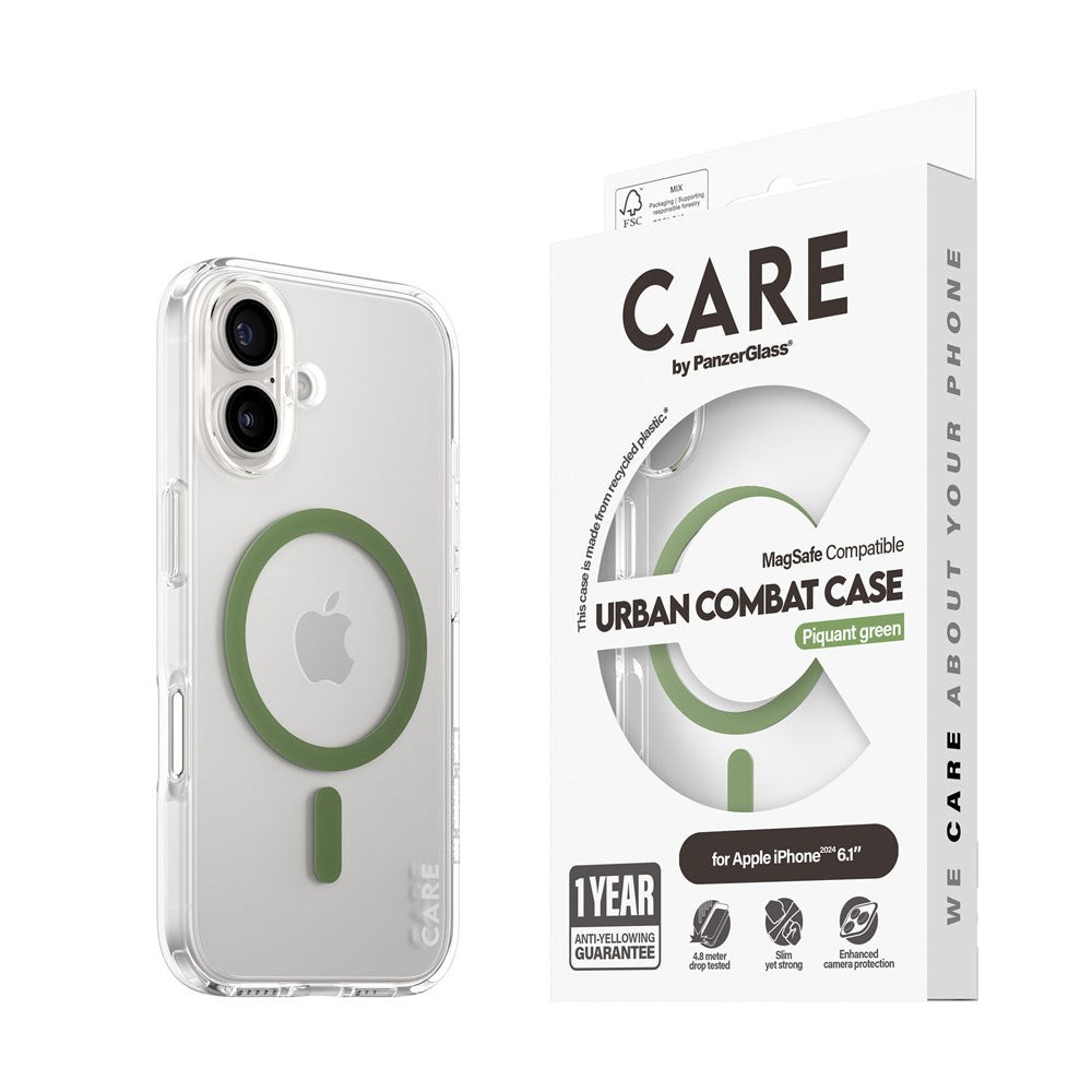CARE by PanzerGlass iPhone 16 FLAGSHIP Urban Combat Case - MagSafe Compatible - Transparent / Piquant Green