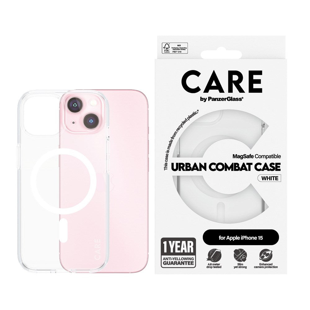 CARE by PanzerGlass iPhone 15 FLAGSHIP Urban Combat Case - MagSafe Compatible - Transparent / White