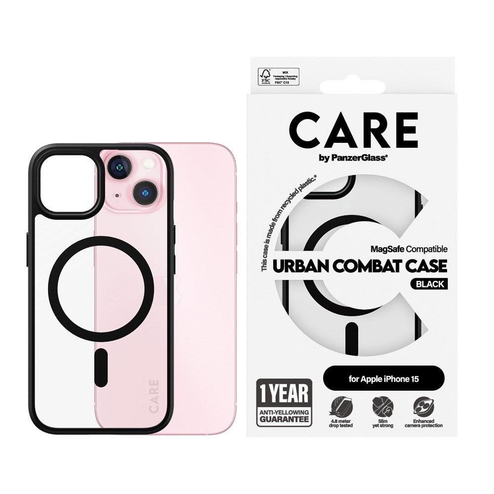 CARE by PanzerGlass iPhone 15 FLAGSHIP Urban Combat Case - MagSafe Compatible - Transparent / Black