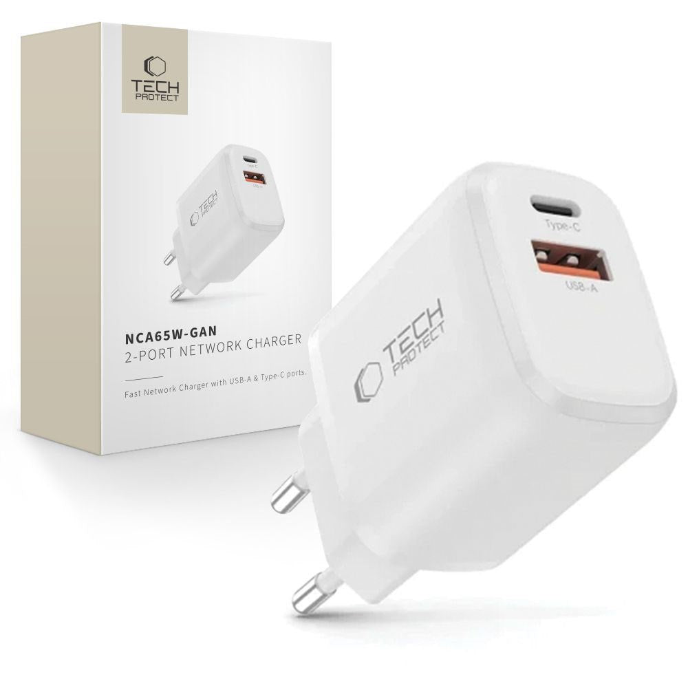 Tech-Protect 65W Wall Charger w. 1x USB-C & 1x USB-A - White