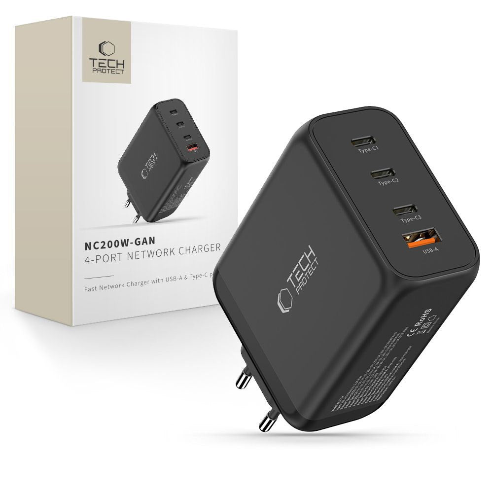 Tech-Protect 200W Wall Charger w. 3x USB-C & 1x USB-A - Black