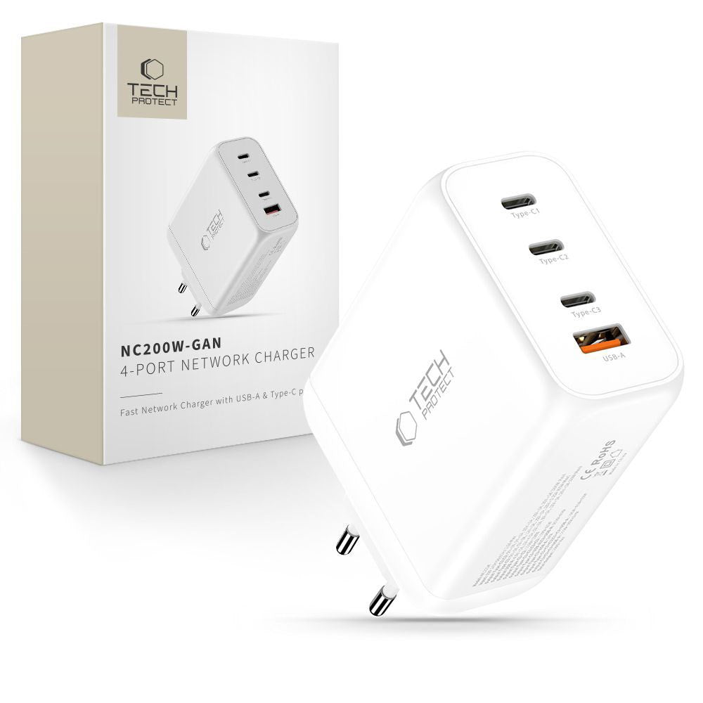Tech-Protect 200W Wall Charger w. 3x USB-C & 1x USB-A - White