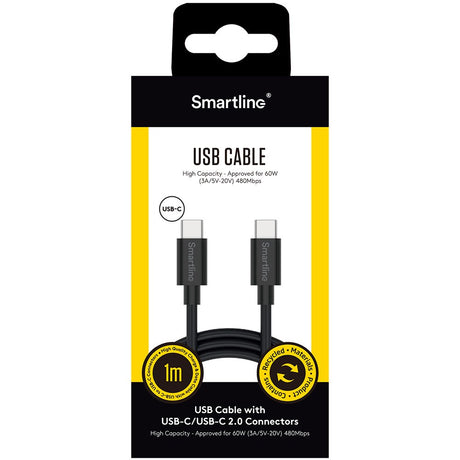 Smartline USB-C to USB-C Cable (3A/60W) - 1 m. - Black