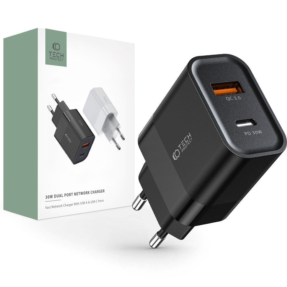 Tech-Protect Network 30W Wall Charger w. 1 x USB-C & 1 x USB-A - Black