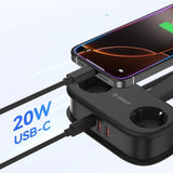 ORICO 20W 5-in-1 Power Strip with 2 x Schuko 2 x USB-A 1 x USB-C - Black
