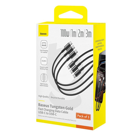 Baseus Tungsten Gold 100W USB-C to USB-C Cable Set - 1m / 2m / 3m - 3 pcs - Black
