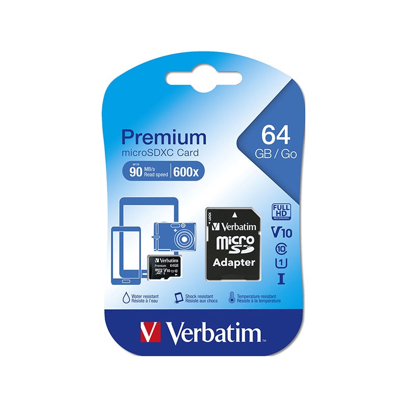 Verbatim Premium microSDHC Class 10 Memory Card w. 64GB & Camera Adaptor