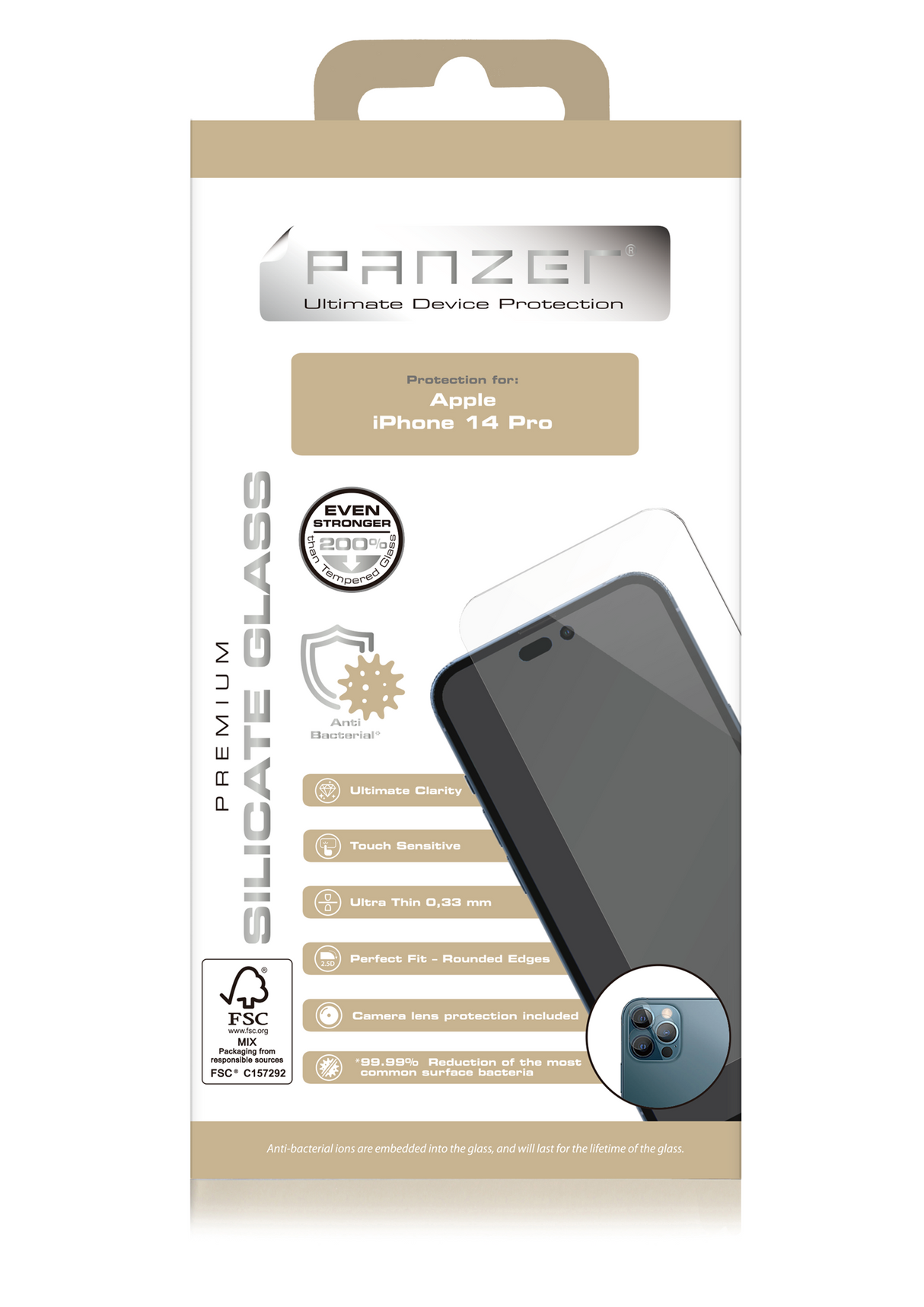 iPhone 14 Pro PANZER Screen Protection Glass Premium - Ultimate Clarity - Anti-bacterial - Incl. Camera Protection