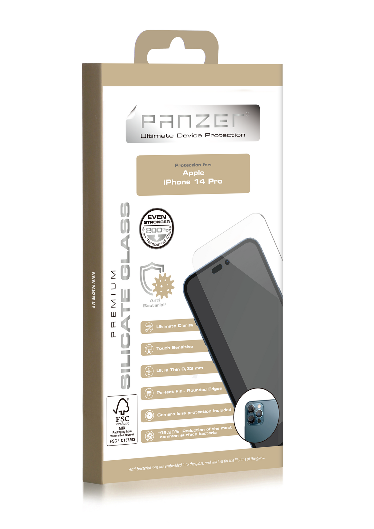 iPhone 14 Pro PANZER Screen Protection Glass Premium - Ultimate Clarity - Anti-bacterial - Incl. Camera Protection