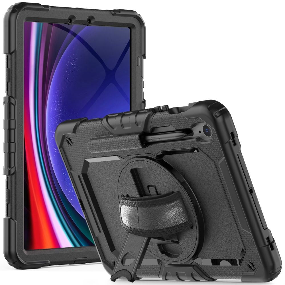 Samsung Galaxy Tab S9 FE Tech-Protect Solid360 Tough Case w. Protective Film, Hand Holder & Shoulder Strap - Black