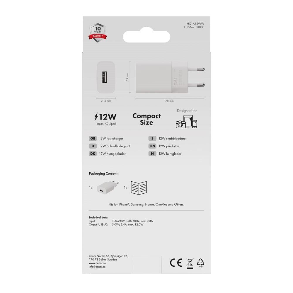X2O 12W Wall Charger with 1x USB-A - White