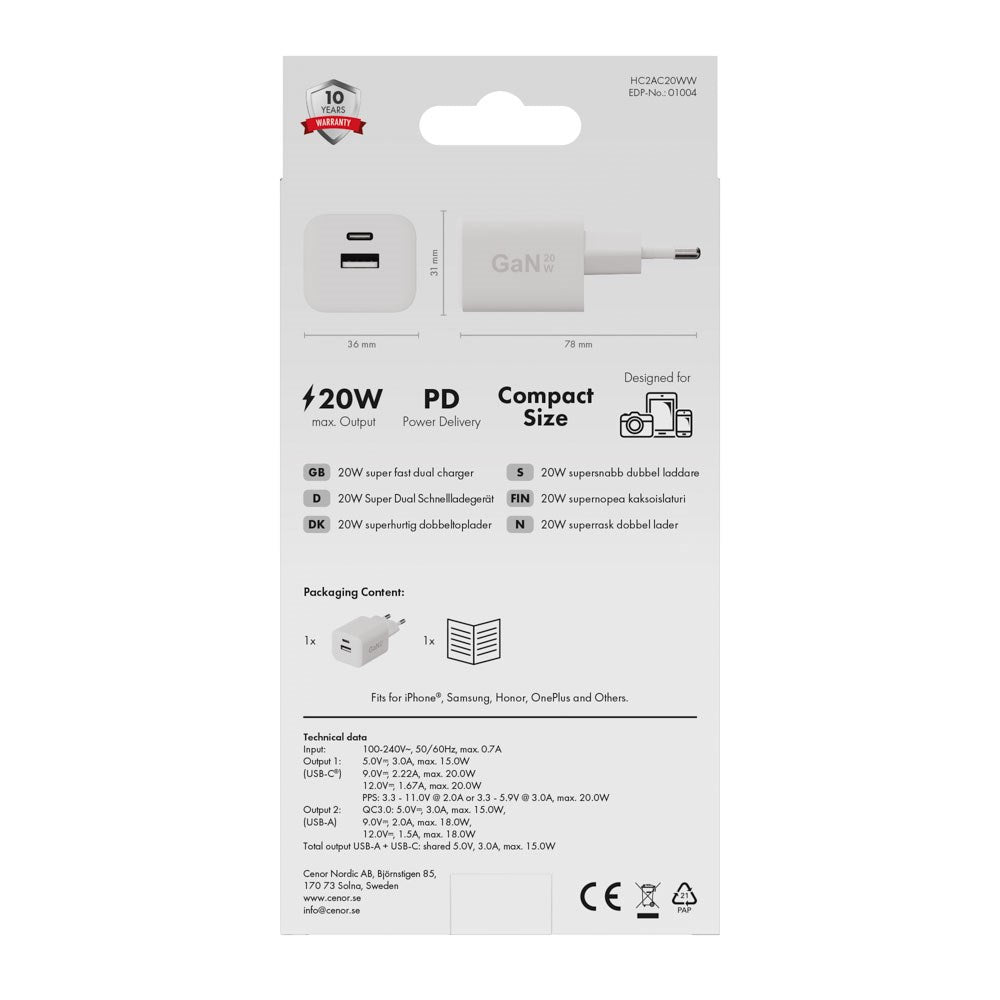 X2O 20W Wall Charger with 1x USB-A & 1x USB-C - White