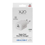 X2O 35W Wall Charger with 1x USB-A & 1x USB-C - White